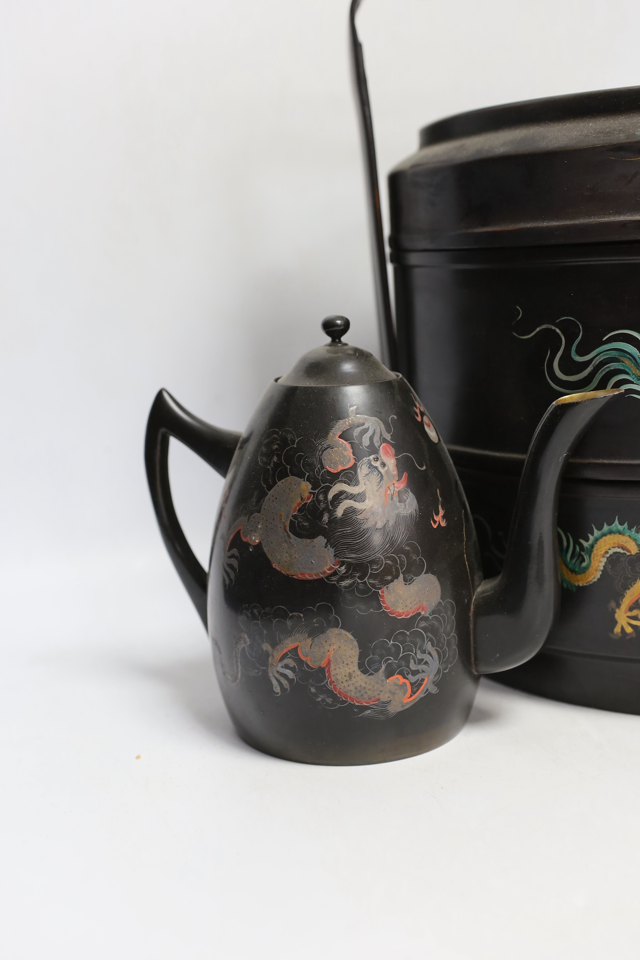 A Chinese Fuzhou 'dragon' wedding basket, 31cm high, together with a similar teaset